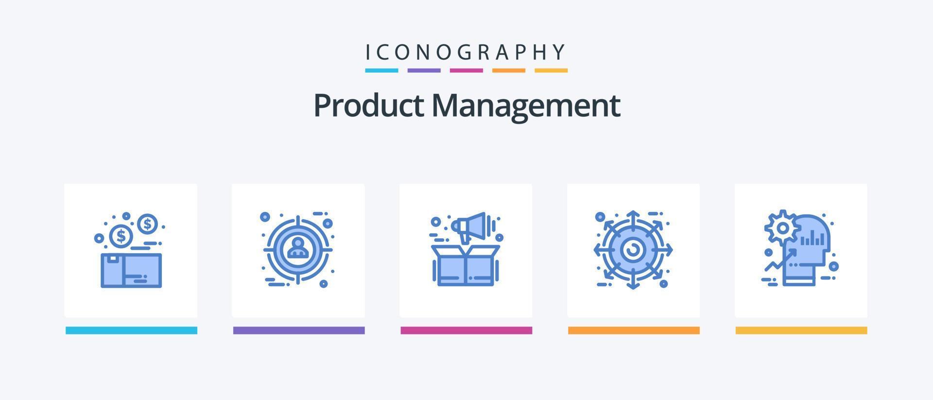 pacote de ícones azul 5 de gerenciamento de produtos, incluindo cérebro. pacote. do utilizador. agrupar. caixa. design de ícones criativos vetor