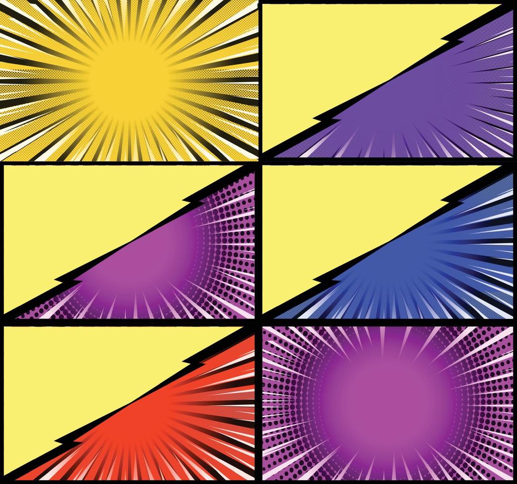 fundo de quadros coloridos de quadrinhos com raios de meio-tom radial e efeitos pontilhados estilo pop art vetor