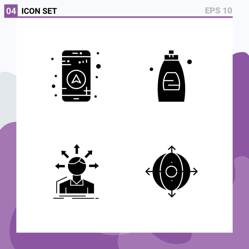 pacote de 4 glifos sólidos criativos de opções de gps, transição de sabão de banheiro, elementos de design de vetores editáveis