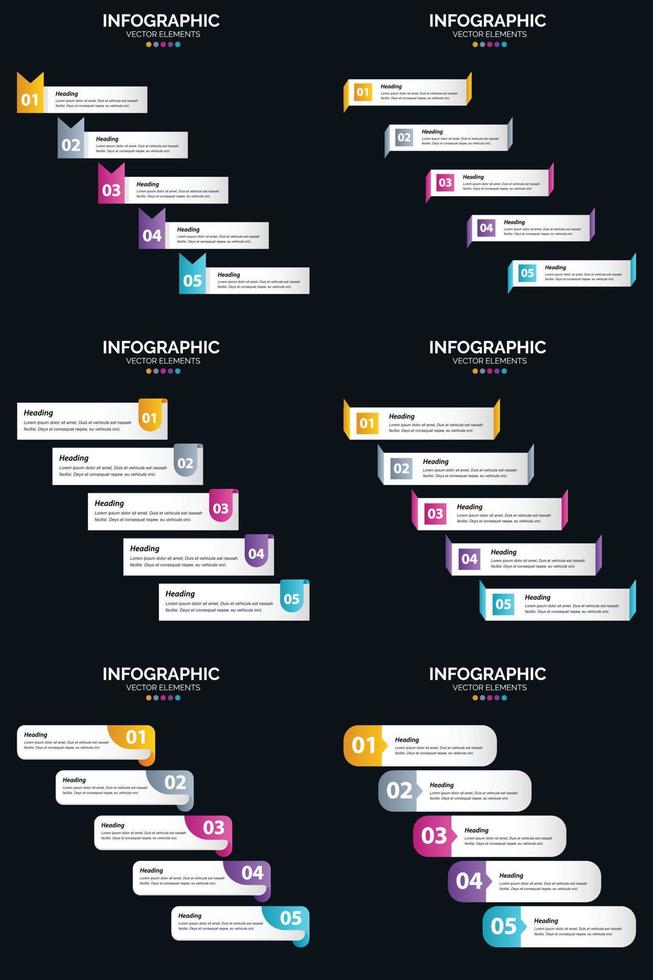 modelo de slide de apresentação de pacote de infográficos vetor 6 diagramas de ciclo de 5 etapas e linhas do tempo