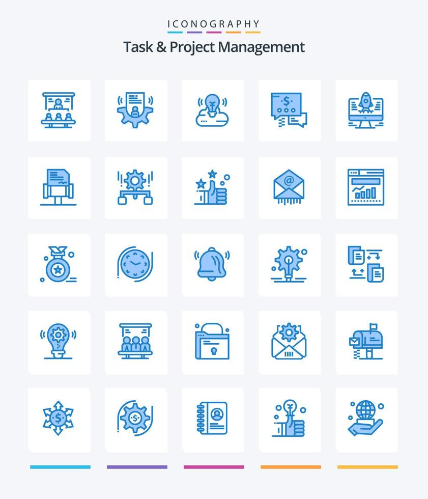 tarefa criativa e gerenciamento de projetos 25 pacote de ícones azuis, como foguete. dólar. cartão. correspondência. campanha criativa vetor