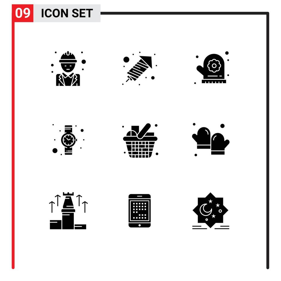 conjunto de glifos sólidos de interface móvel de 9 pictogramas de forno de mercearia de cozinha mitt cart time elementos de design de vetores editáveis