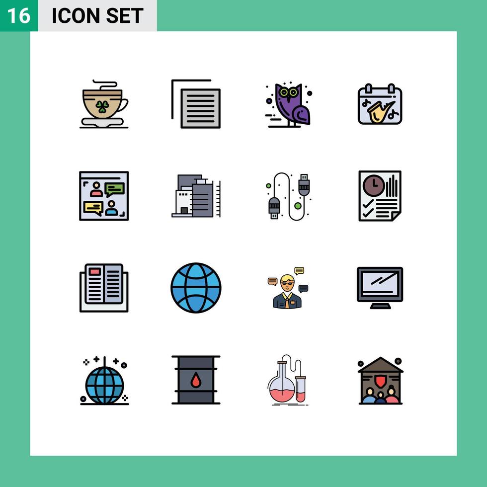 pacote de interface do usuário de 16 linhas básicas de cores planas preenchidas de bate-papo saxofone jogo de pássaros calendário elementos de design de vetores criativos editáveis