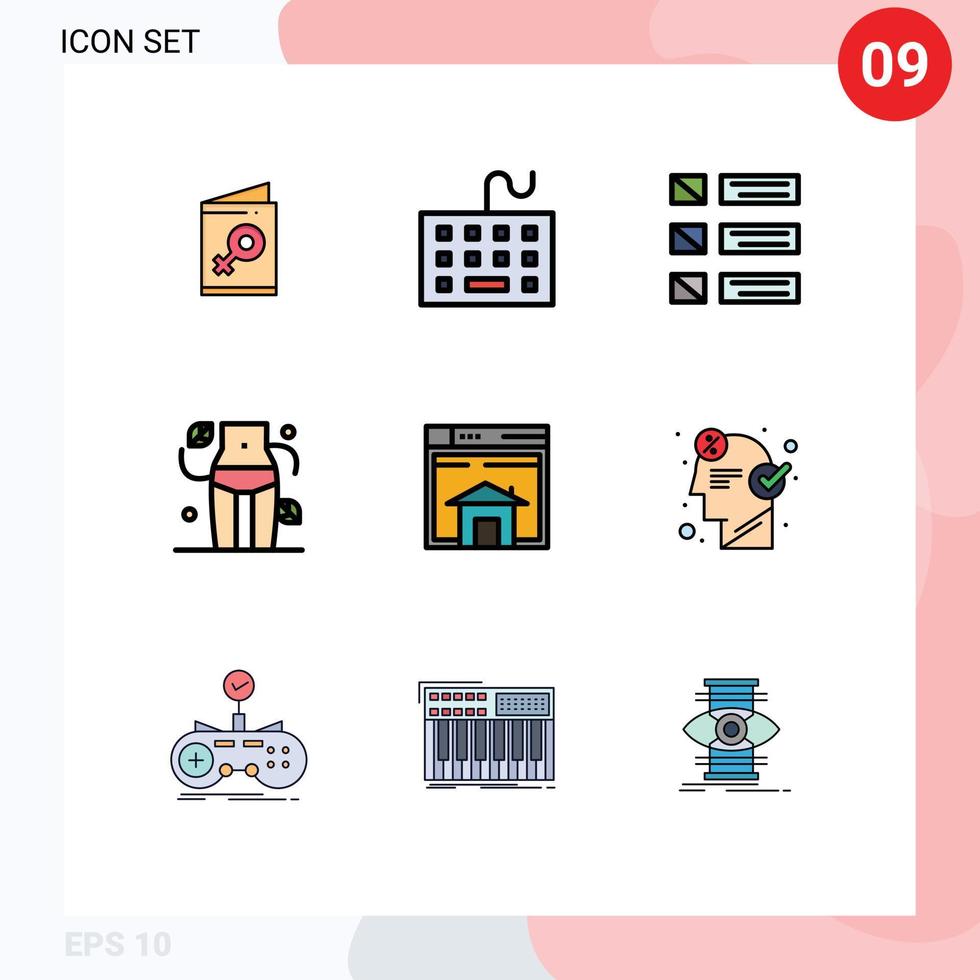 grupo de 9 sinais e símbolos de cores planas de linha preenchida para lista de dieta de teclado de cintura de mulher listando elementos de design de vetores editáveis