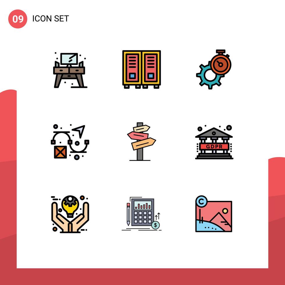 9 interface de usuário pacote de cores planas de linha cheia de sinais e símbolos modernos de criatividade de timer de design de hotel assista a elementos de design de vetores editáveis