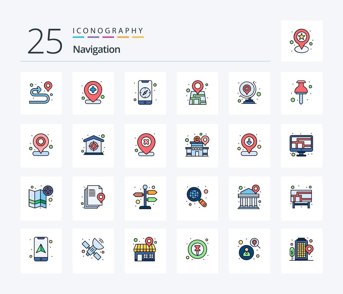 pacote de ícones preenchidos com 25 linhas de navegação, incluindo localização. mundo. bússola. globo. localização vetor