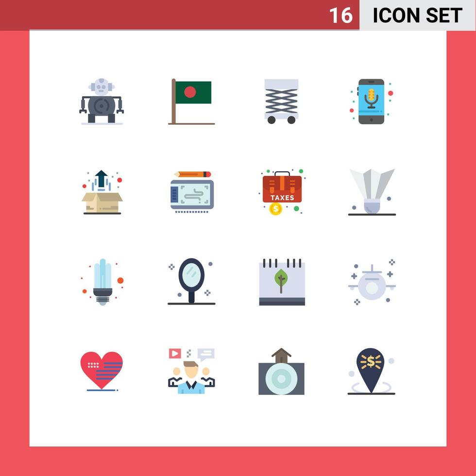 Pacote de cores planas de 16 interfaces de usuário de sinais e símbolos modernos de dispositivo de telefone de construção de gravação de caixa pacote editável de elementos de design de vetores criativos