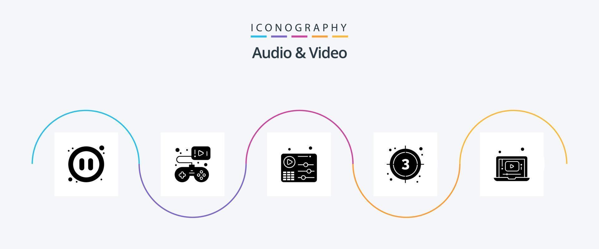 pacote de ícones de glifo 5 de áudio e vídeo, incluindo laptop. começar. áudio. filme. contagem regressiva vetor