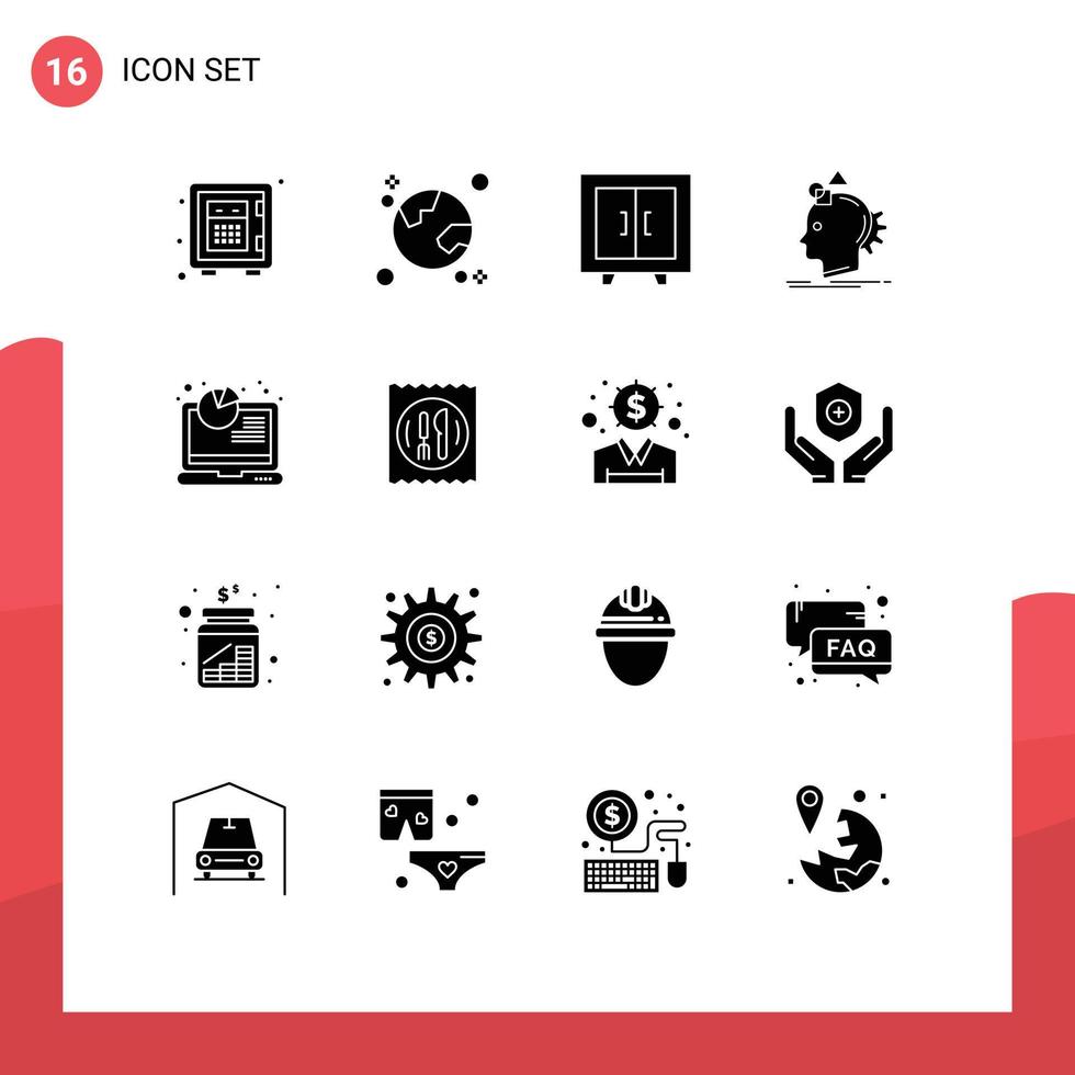 conjunto moderno de 16 glifos e símbolos sólidos, como processo, imagine elementos de design de vetores editáveis de escola imaginativa