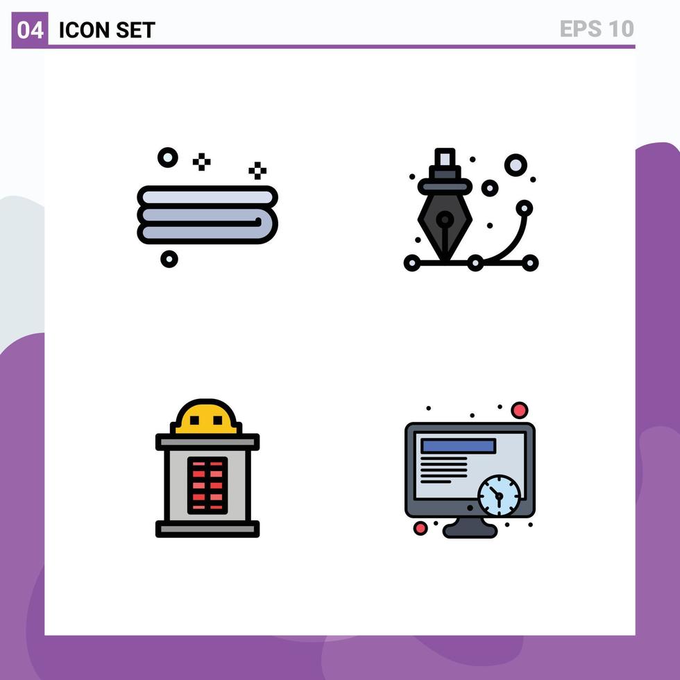 conjunto de cores planas de linha preenchida de interface móvel de 4 pictogramas de elementos de design de vetores editáveis de programação de caneta criativa de casa limpa