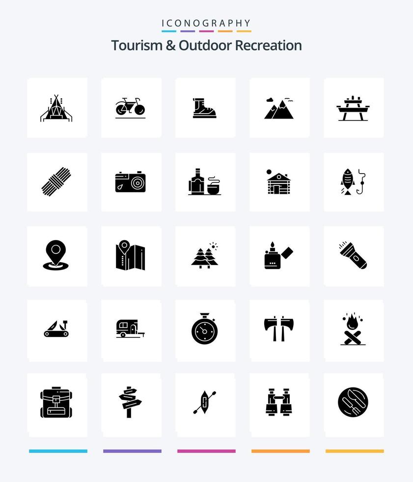 turismo criativo e recreação ao ar livre Pacote de ícones preto sólido de 25 glifos, como comida. viagem. alpinista. cenário. montanhas vetor