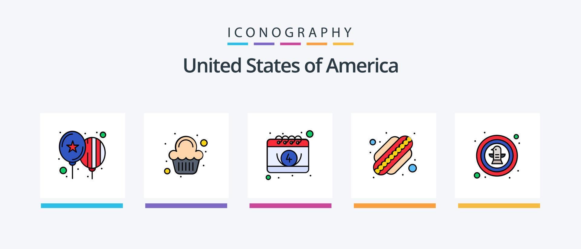 A linha dos EUA preencheu o pacote de 5 ícones, incluindo o pássaro. Festa. branco. dia. balões. design de ícones criativos vetor