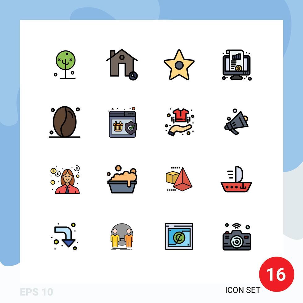 pacote de interface do usuário de 16 linhas básicas cheias de cor plana de monitor de dinheiro casa kpi estrela editável elementos de design de vetor criativo