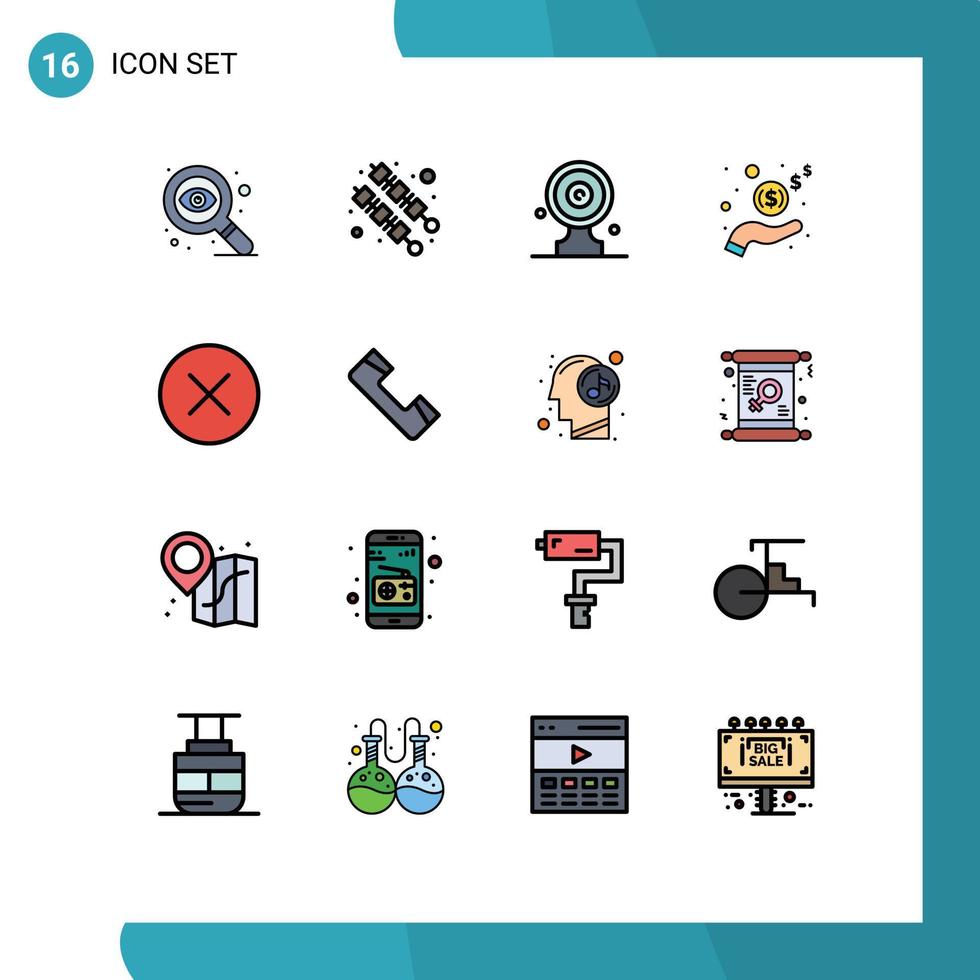 pacote de 16 sinais e símbolos modernos de linhas cheias de cores planas para mídia de impressão na web, como ocultar mídia de círculo alvo, renda em dinheiro editável elementos de design de vetor criativo