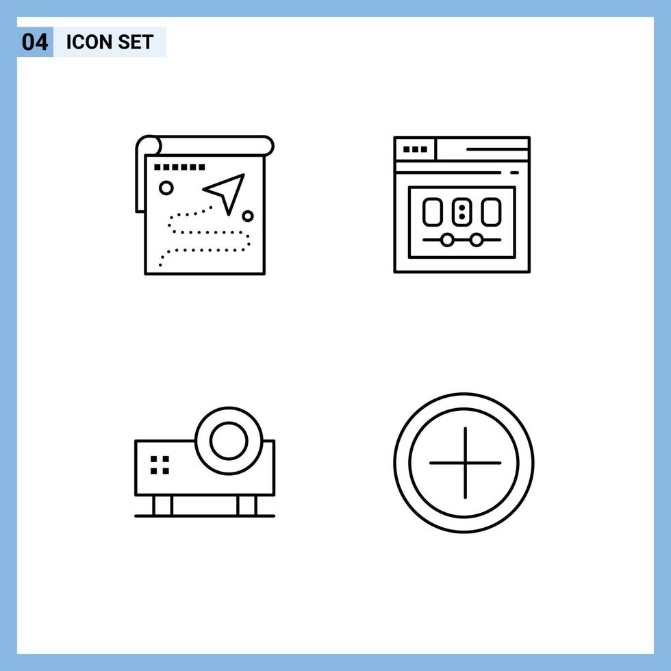 conjunto de pictogramas de 4 cores planas de linha preenchida simples de página de destino de página de mapa, apresentação em powerpoint, elementos de design de vetores editáveis