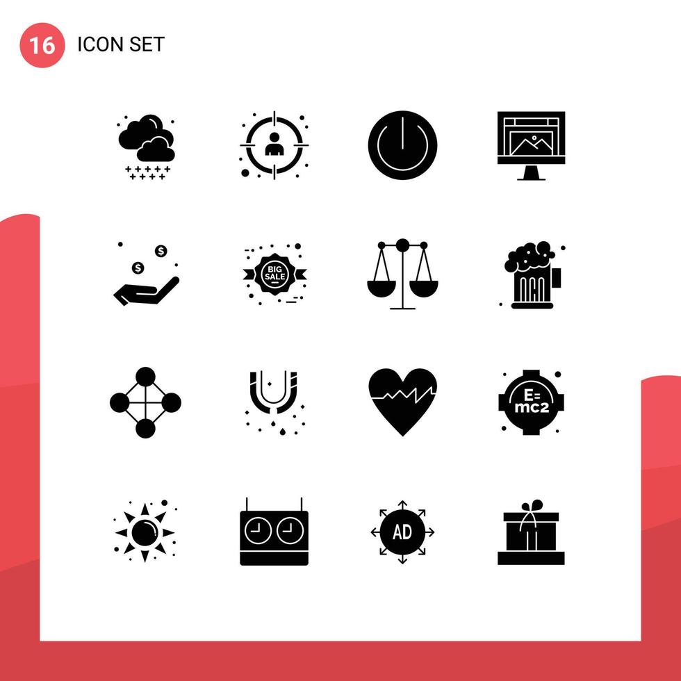 pacote de glifos sólidos de 16 símbolos universais de design de site multimídia de caridade em dólar elementos de design de vetores editáveis
