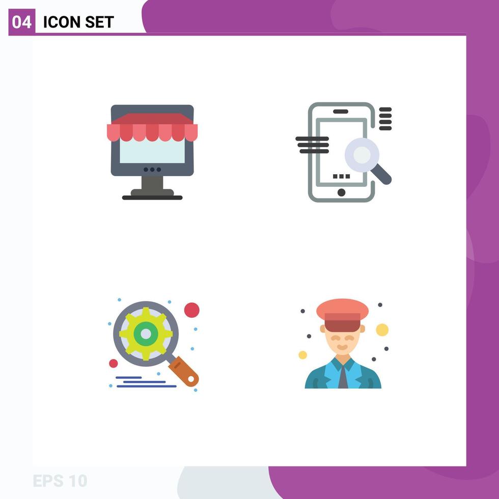 pacote de interface do usuário de 4 ícones planos básicos da loja de configuração de comércio eletrônico elementos de design de vetores editáveis de engrenagem móvel