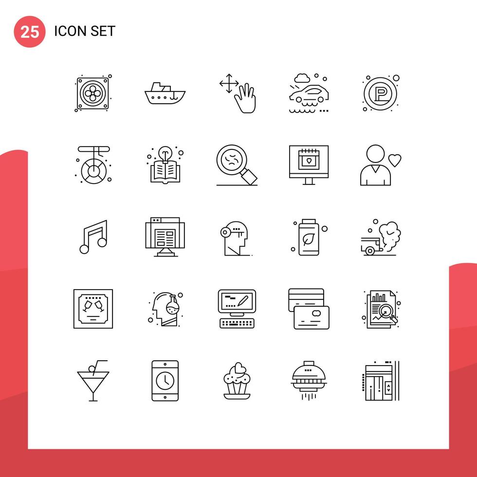 pacote de interface do usuário de 25 linhas básicas de elementos de design de vetores editáveis de carro de estrada molhada de dedo de estacionamento público