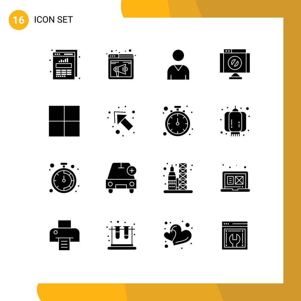 conjunto moderno de 16 glifos e símbolos sólidos, como wireframe, parada de página da web, elementos de design de vetores editáveis cruzados negados