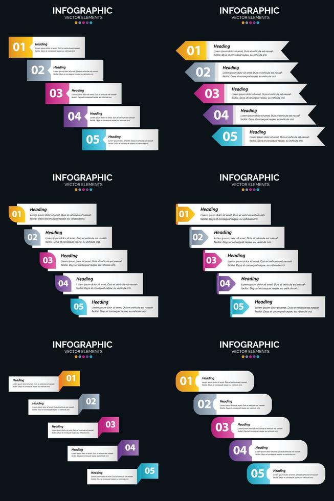 modelo de slide de apresentação de pacote de infográficos vetor 6 diagramas de ciclo de 5 etapas e linhas do tempo