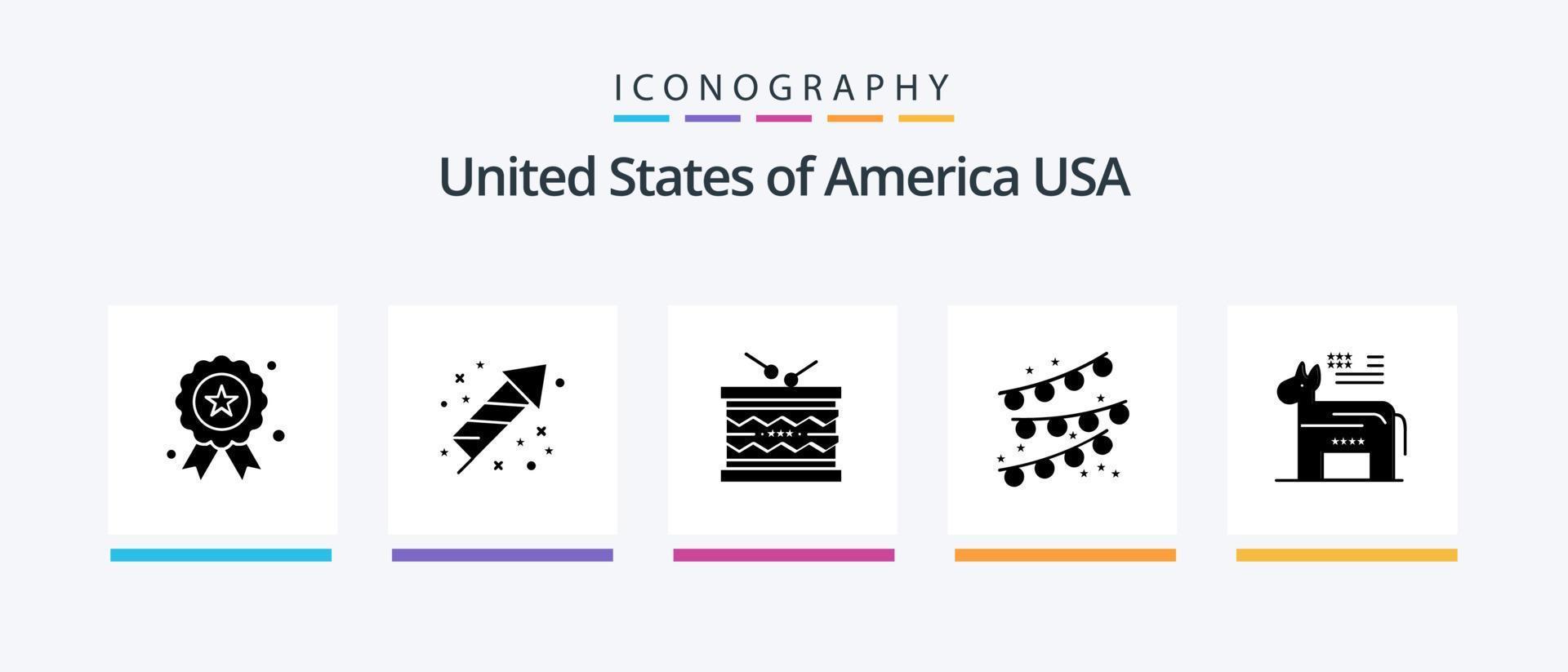 Pacote de ícones EUA Glyph 5, incluindo americano. lâmpada de festa. tambor. decoração de festa. st. design de ícones criativos vetor