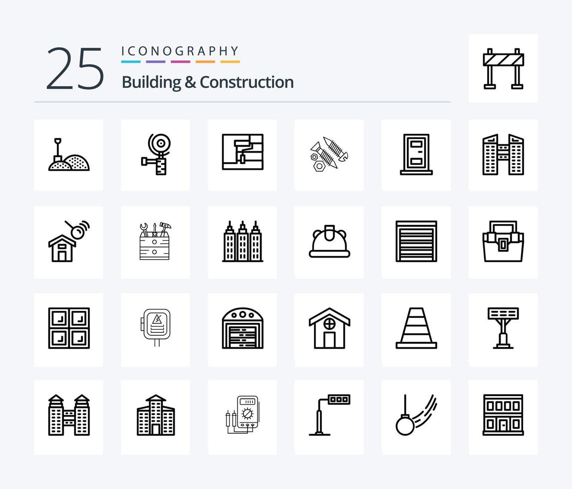 pacote de ícones de construção e construção de 25 linhas, incluindo casa. construção. rolo. trabalhos. construção vetor