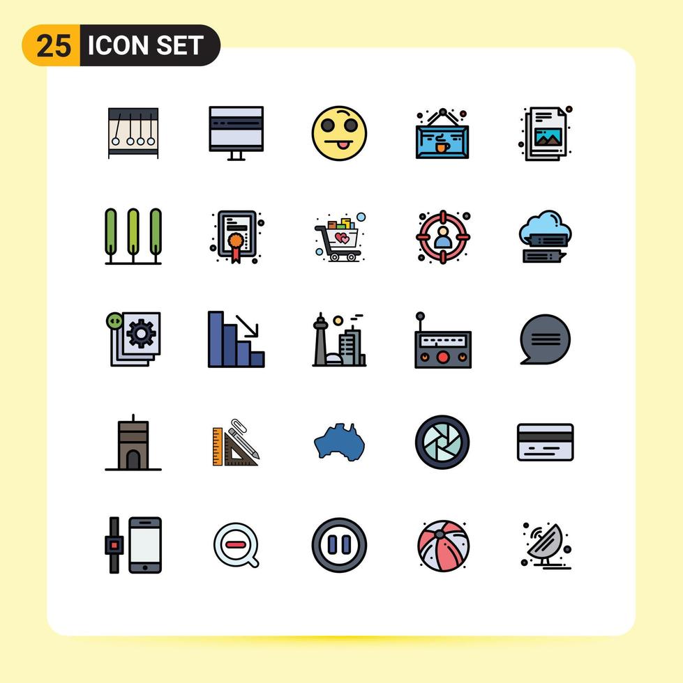 conjunto de cores planas de linha cheia de interface móvel de 25 pictogramas de notícias de xícara de documento bebida de café elementos de design de vetores editáveis