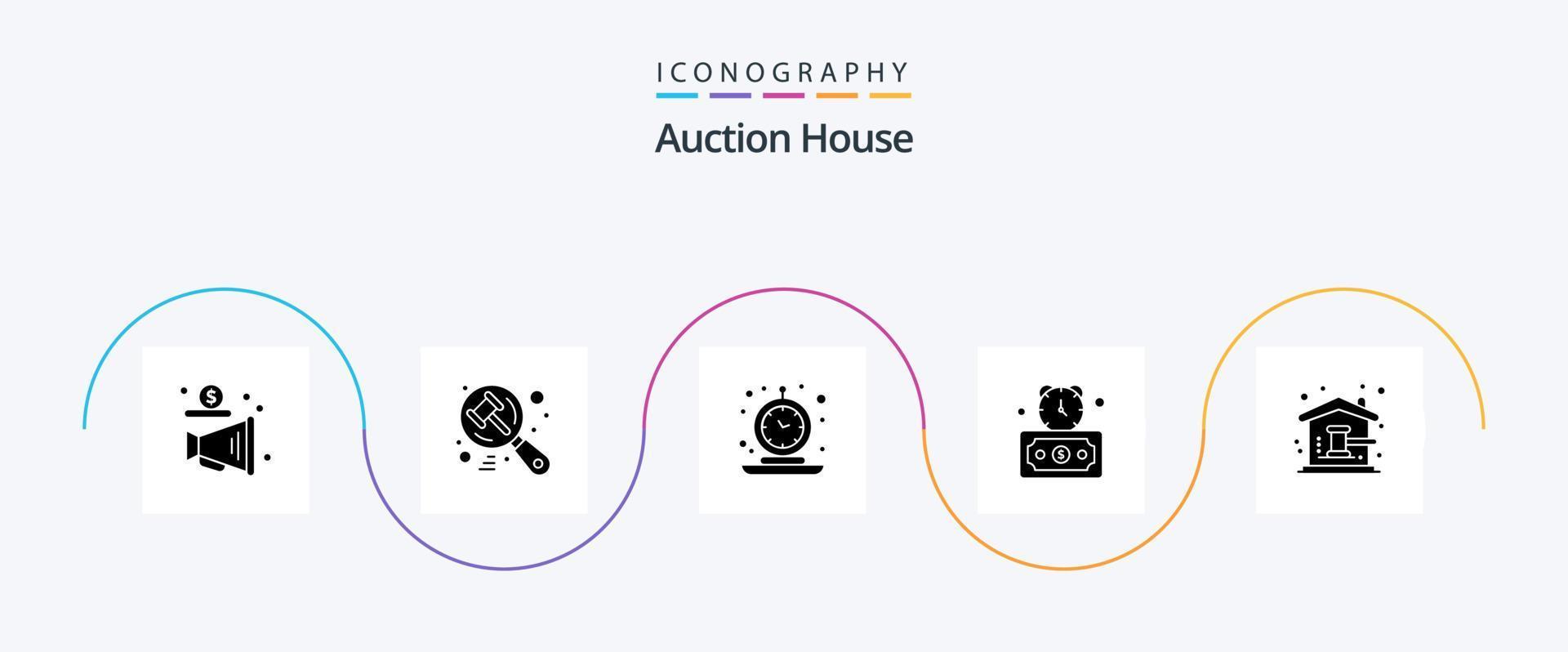 pacote de ícones de glifo 5 de leilão, incluindo leilão. velozes. alarme. prazo final. Tempo vetor