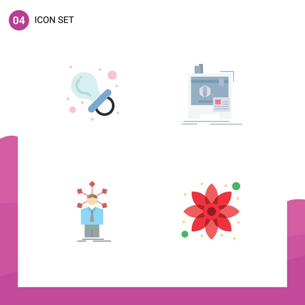 conjunto de 4 ícones planos vetoriais na grade para elementos de design de vetores editáveis de personalidade de impressora de mamilo humano de brinquedo