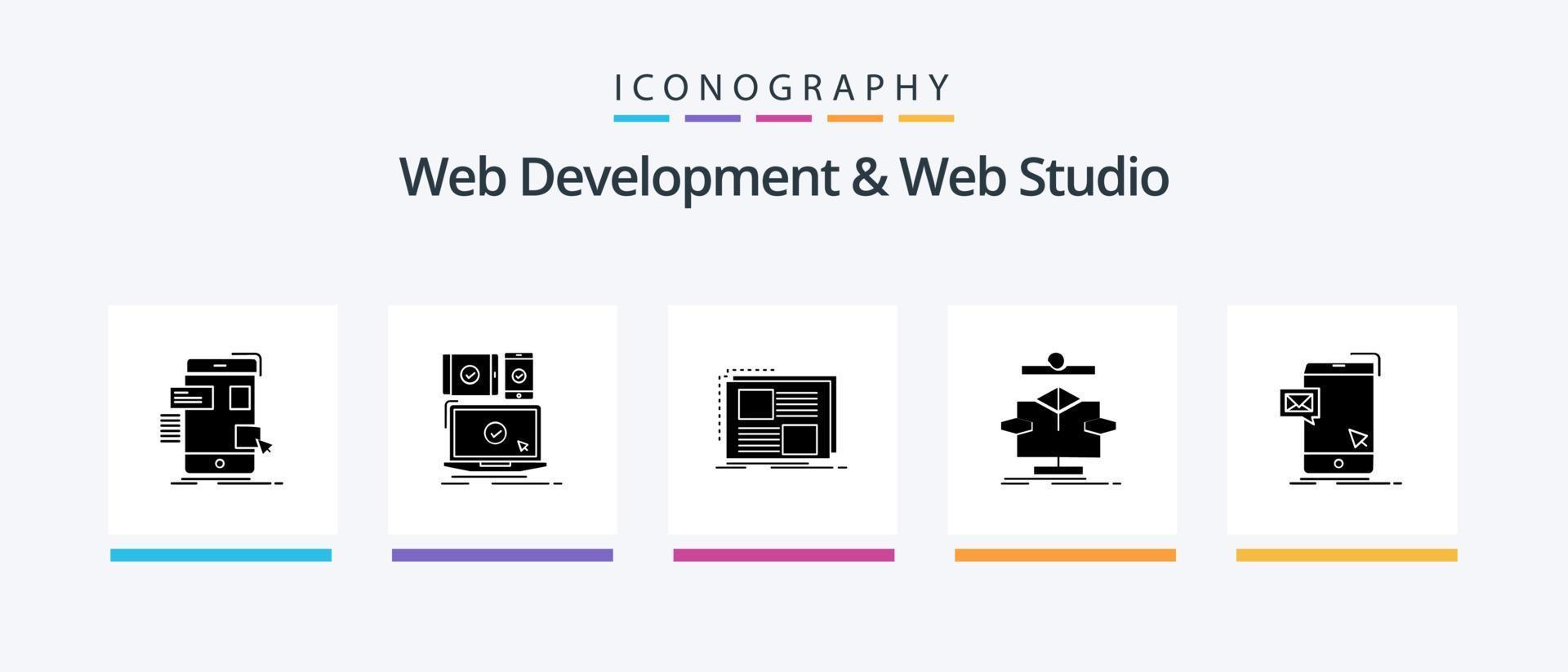 desenvolvimento web e pacote de ícones do web studio glyph 5, incluindo gráfico. responsivo. texto. quadro. design de ícones criativos vetor