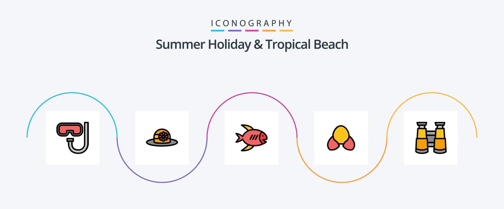 linha de praia cheia de pacote de ícones de 5 planos, incluindo relógio. binóculos. costa. roupas. bikini vetor