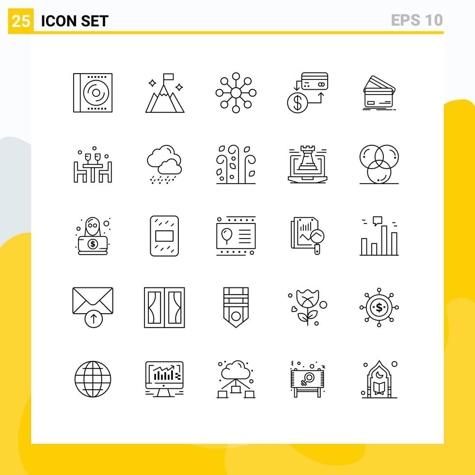 25 linhas universais definidas para aplicativos da web e móveis interface de crédito de cartão de crédito contabilidade sem dinheiro elementos de design de vetores editáveis
