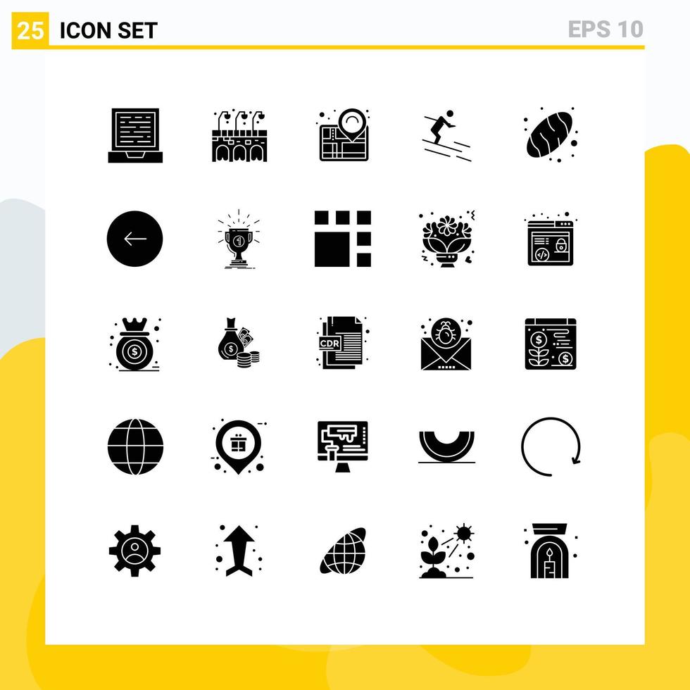 pacote de interface do usuário com 25 glifos sólidos básicos de alfinete de pão nas costas, cozimento, esqui, elementos de design vetorial editáveis vetor