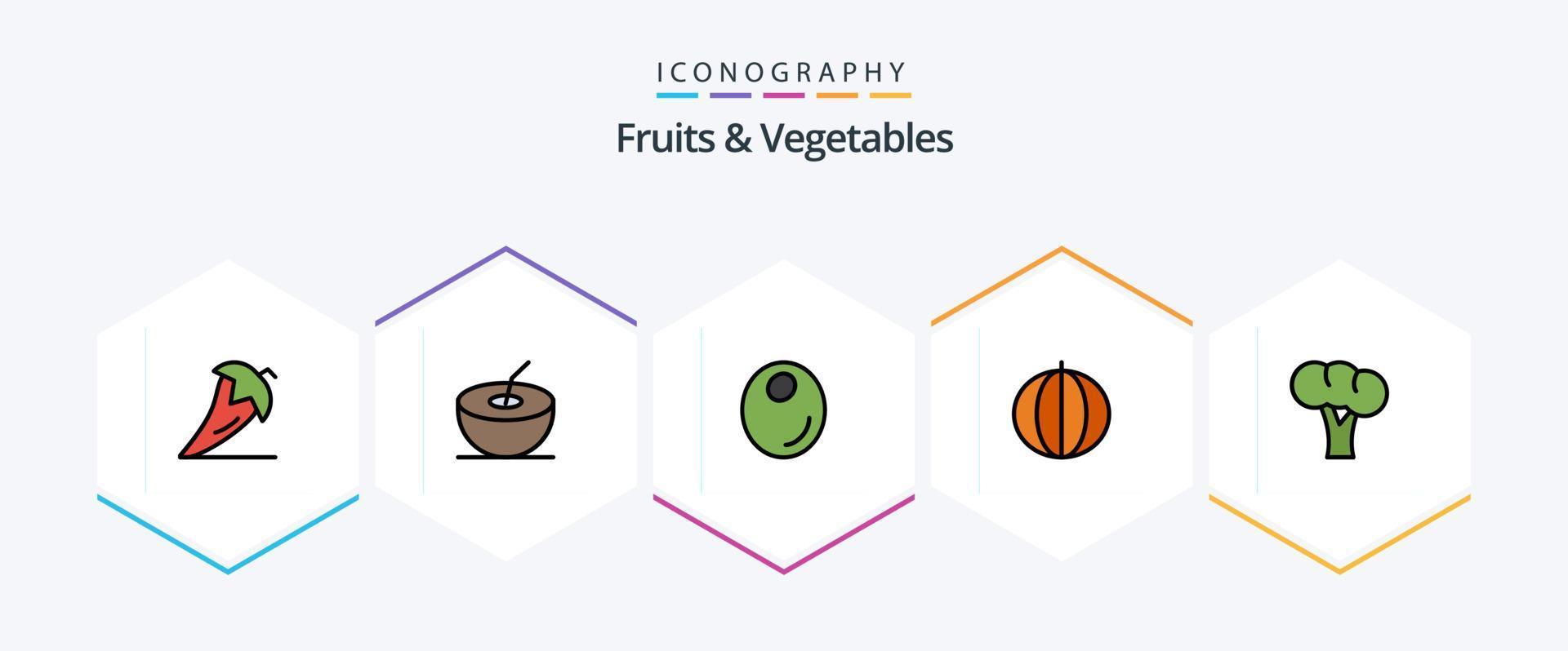 frutas e legumes 25 pacote de ícones de linha preenchida, incluindo orgânico. brócolis. fruta. legumes. abóbora vetor