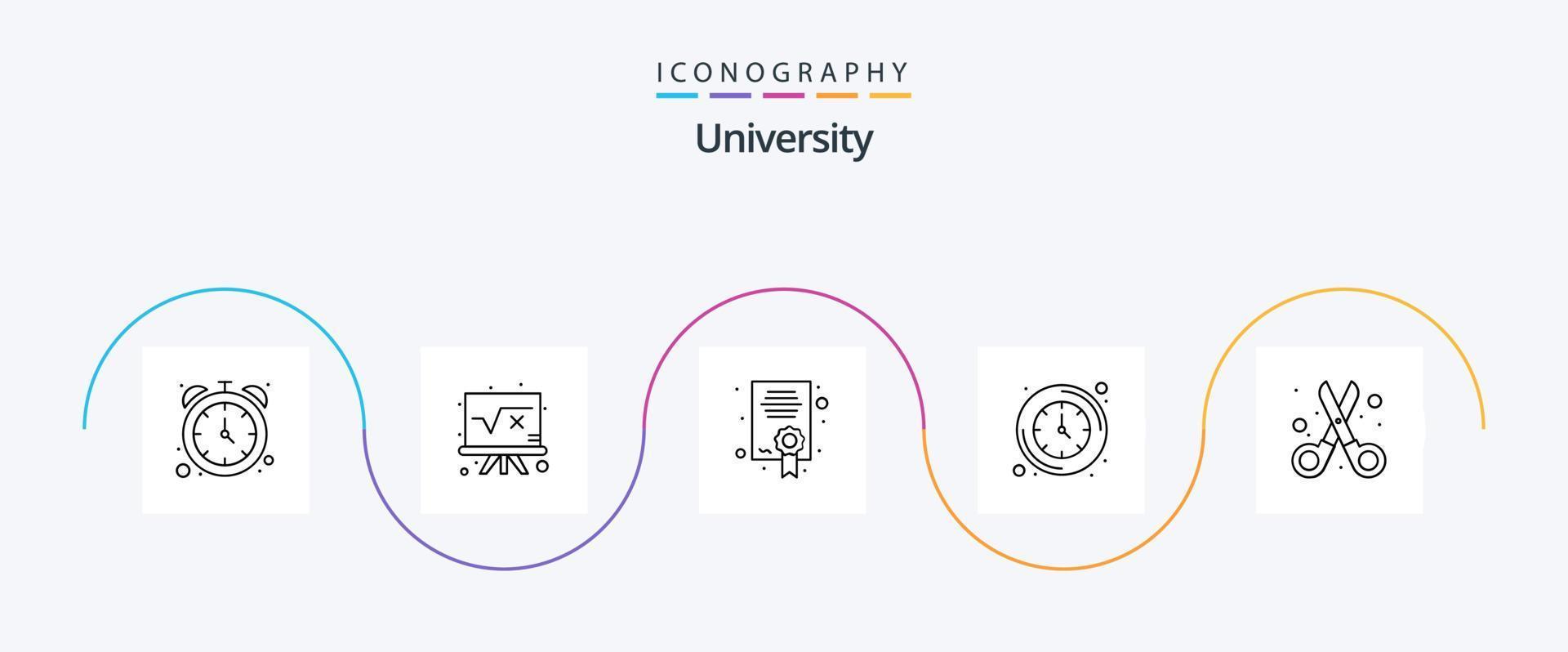pacote de ícones da linha 5 da universidade, incluindo ferramentas. ver. certificado. muro. relógio vetor