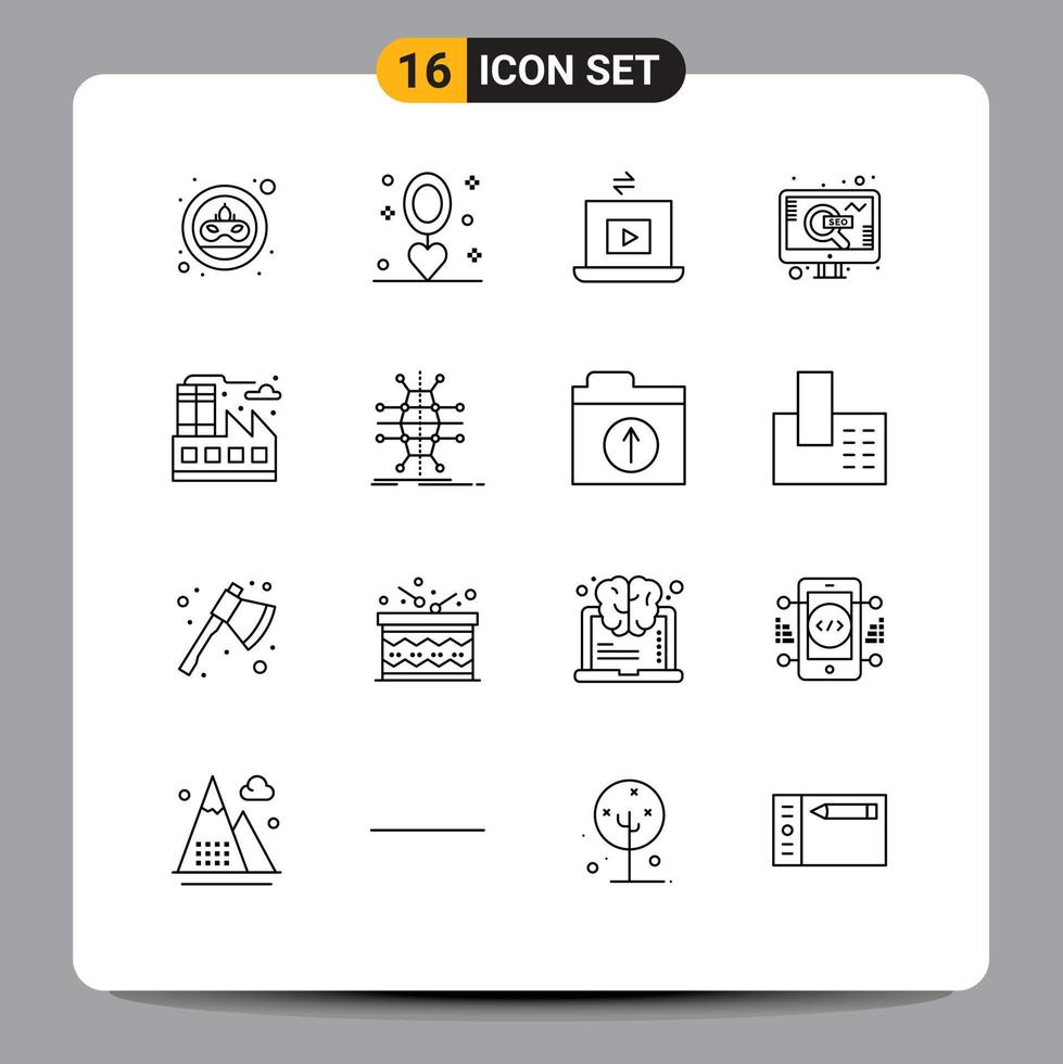 conjunto de 16 sinais de símbolos de ícones de interface do usuário modernos para casamento na web da cidade seo play elementos de design de vetores editáveis