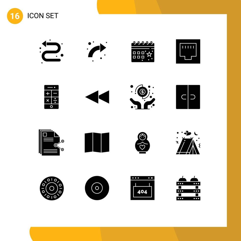 pacote de interface de usuário de 16 glifos sólidos básicos de calculadora ethernet até cabo noite editável elementos de design vetorial vetor