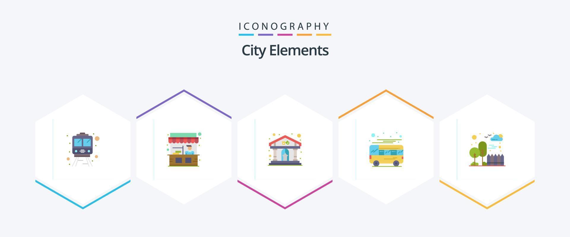 elementos da cidade 25 pacote de ícones planos, incluindo cidade. transporte. exposição. local. ônibus vetor