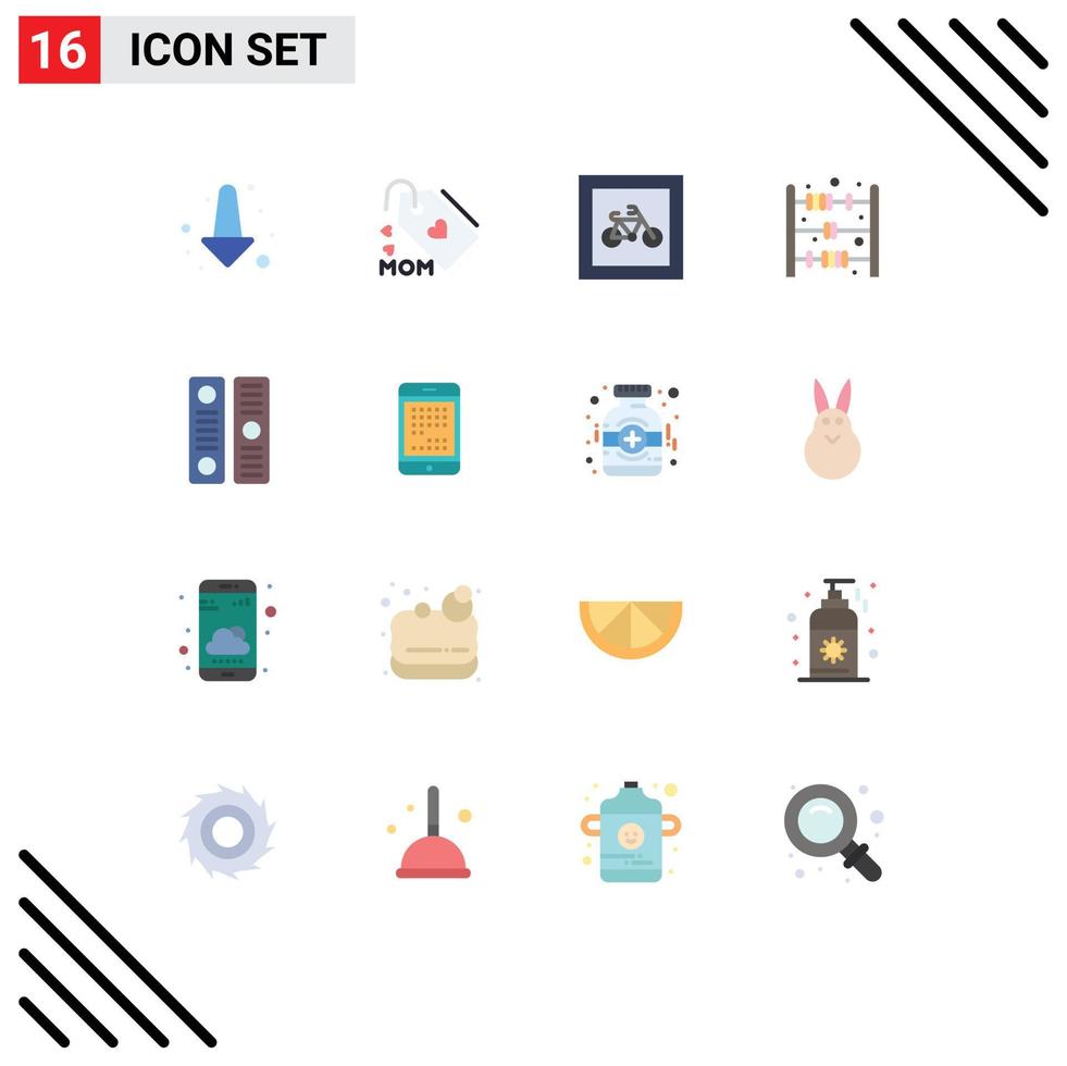 grupo de símbolos de ícones universais de 16 cores planas modernas de arquivo de documentos, contagem de estacionamento, brinquedo ábaco, pacote editável de elementos de design de vetores criativos