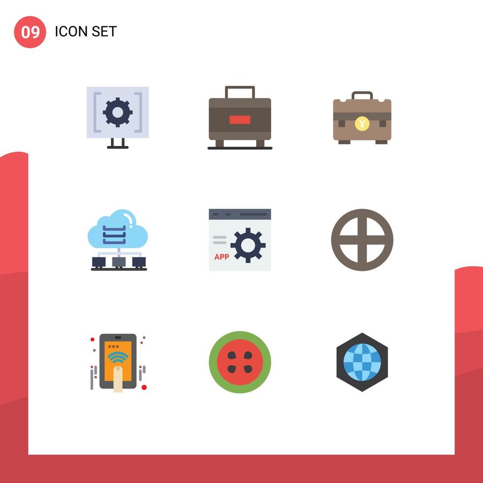 9 pacote de cores planas de interface de usuário de sinais e símbolos modernos de bolsa de dados em nuvem, portfólio de computador, elementos de design vetorial editáveis vetor
