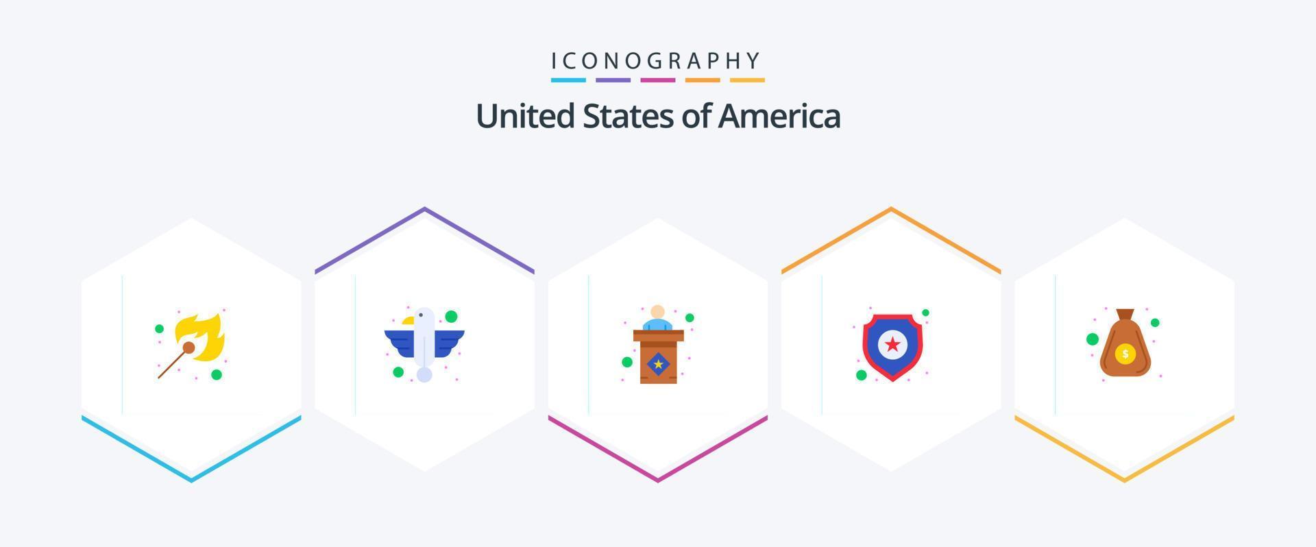 Pacote de ícones planos EUA 25, incluindo dólar. Estrela. Estado. polícia. o sinal vetor