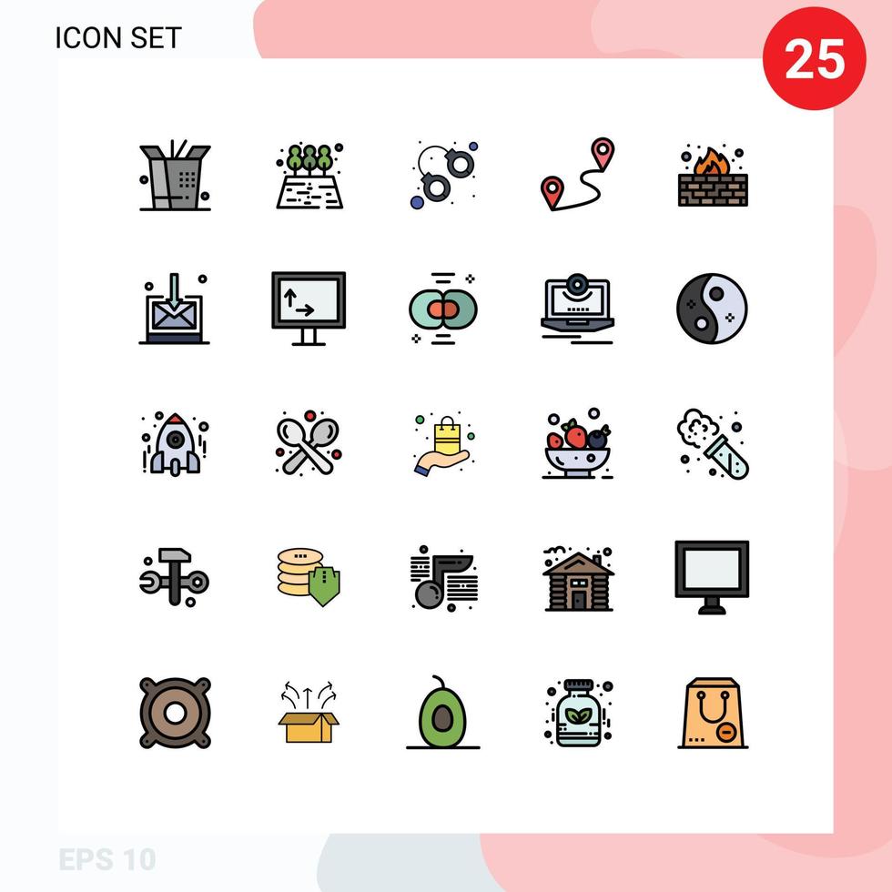 25 cores planas de linha preenchida universal definidas para aplicativos móveis e web proteção de caixa de entrada prisão internet antivírus elementos de design de vetores editáveis