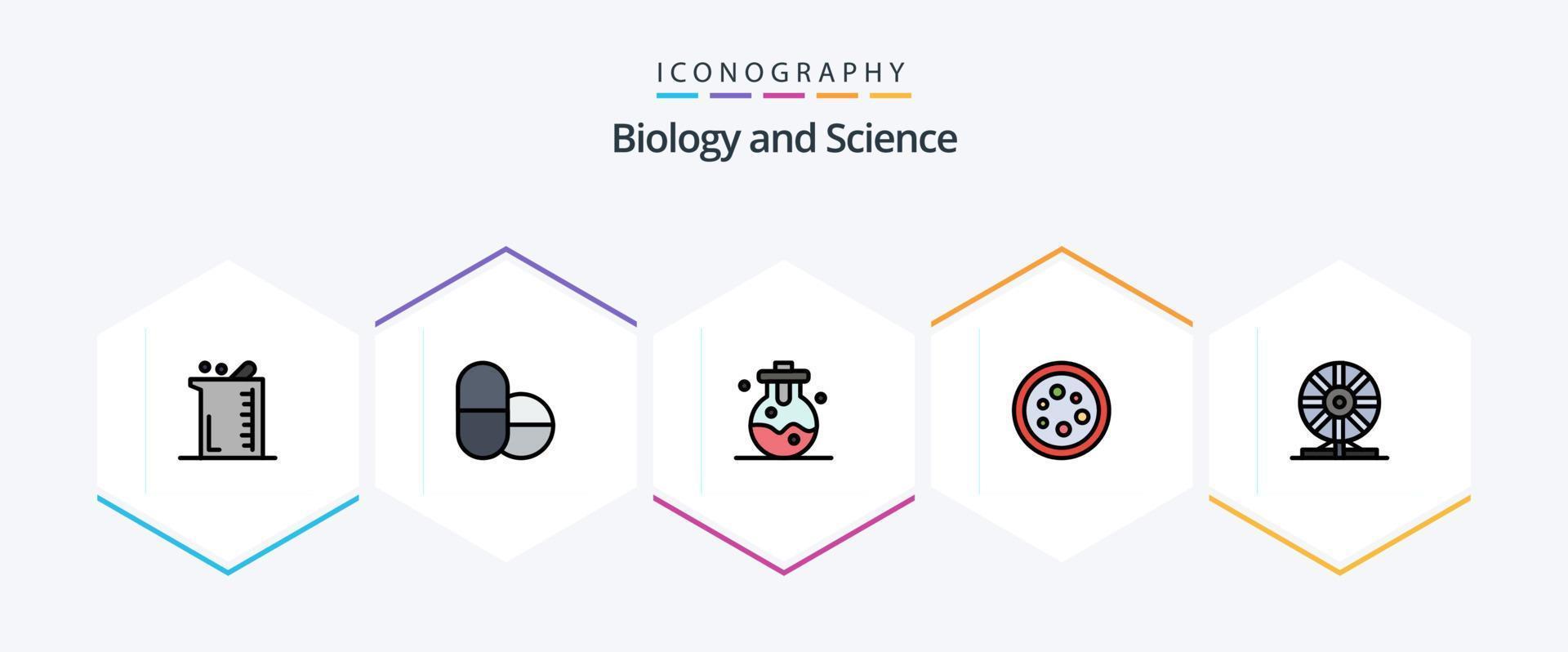 pacote de ícones de 25 linhas preenchidas de biologia, incluindo química. bioquímica. laboratório. laboratório. equipamento vetor