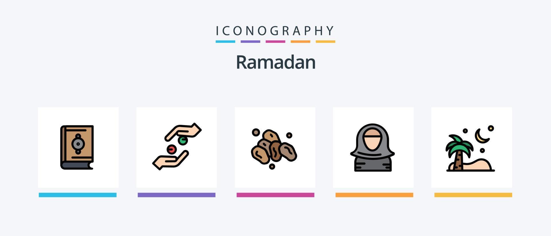 a linha do ramadã encheu o pacote de 5 ícones, incluindo o Alcorão. islamismo . tapete. luminária. design de ícones criativos vetor