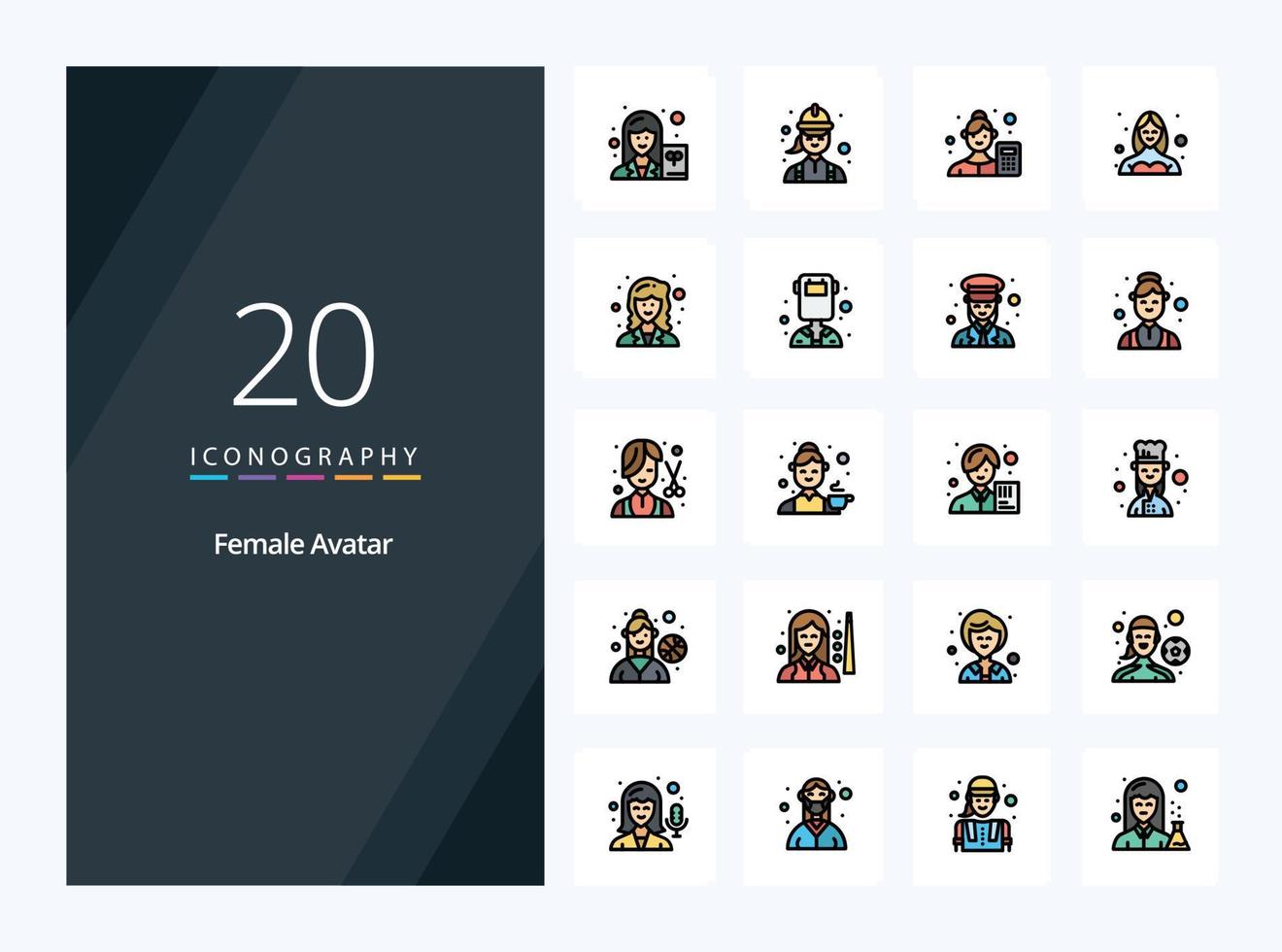 20 ícone cheio de linha de avatar feminino para apresentação vetor