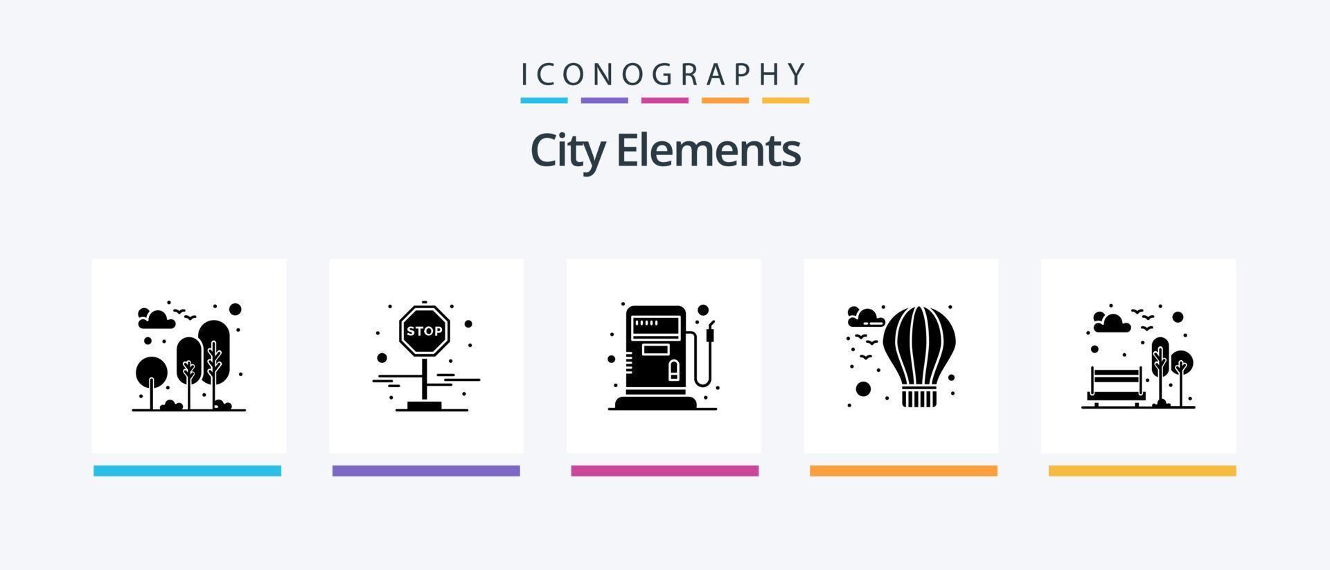 pacote de ícones de glifo 5 de elementos da cidade, incluindo árvore. cidade. combustível. banco. balão. design de ícones criativos vetor