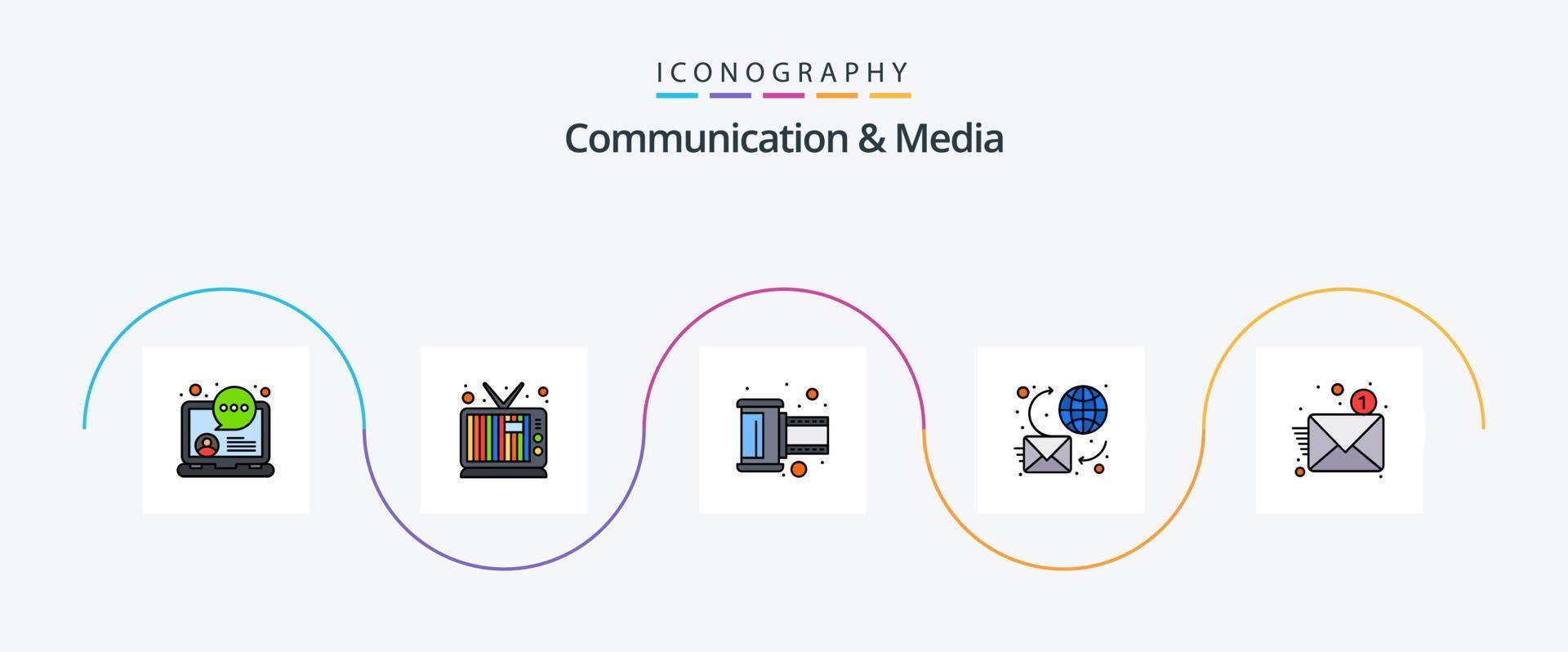 linha de comunicação e mídia preenchida com 5 ícones planos, incluindo novo. mundo. foto. mensagem. bate-papo vetor