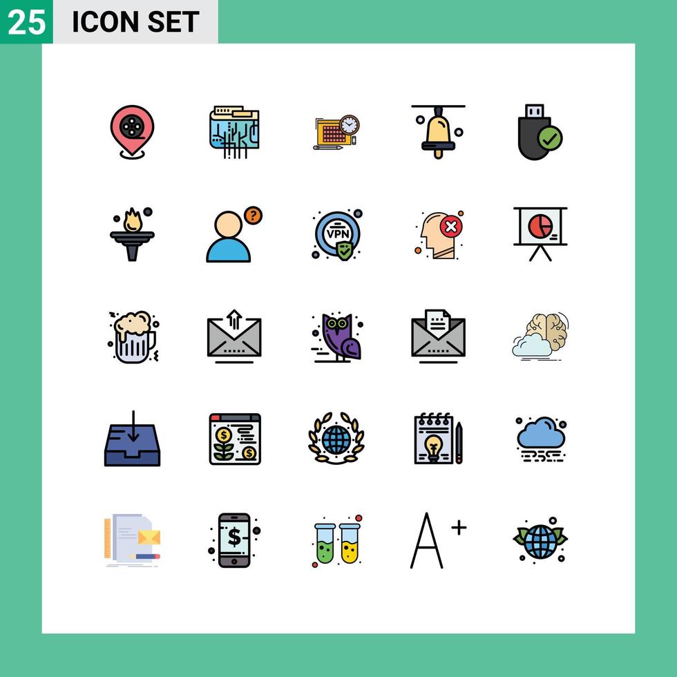 pacote de cores planas de linha preenchida de 25 símbolos universais de dispositivos, computadores, tempo, sino escolar, elementos de design de vetores editáveis