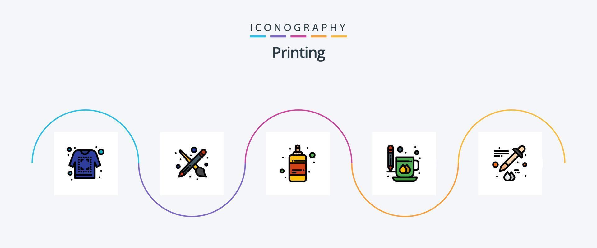linha de impressão preenchida com 5 ícones planos, incluindo cor. caneca. garrafa. beber. café vetor