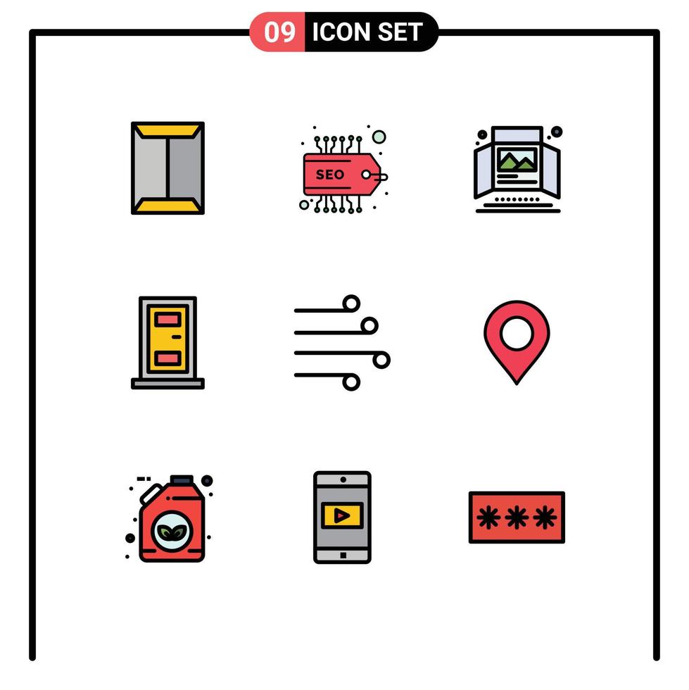 pacote de cores planas de linha preenchida de 9 símbolos universais de porta de anúncio de casa de sopro exibição de mesa elementos editáveis de design vetorial vetor